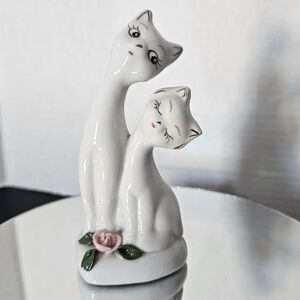 Long Neck Cats Figurine "Lovers" ❤️Gold Trim Pink Rose🌹MCM L👀K Vintage READ